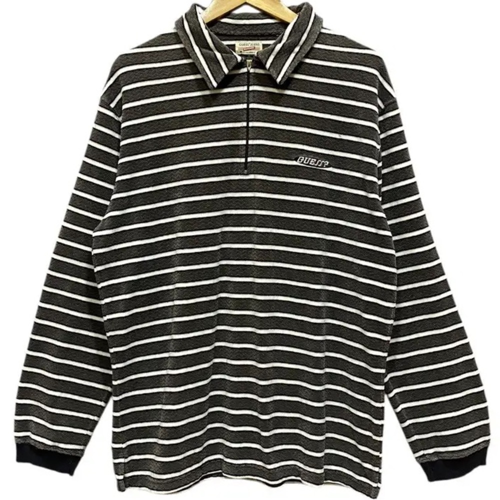 Vintage Guess Jeans Striped Quarter Zip Polo Long Sleeve Velour Textured Shirt